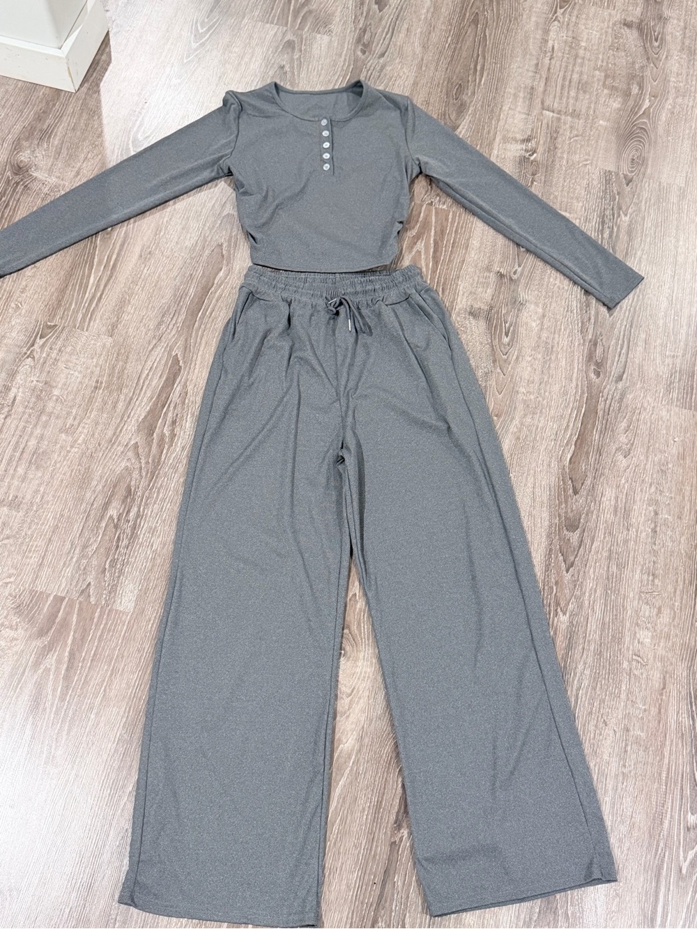 Women's Gray Wide-Leg Lounge Set with Henley Top